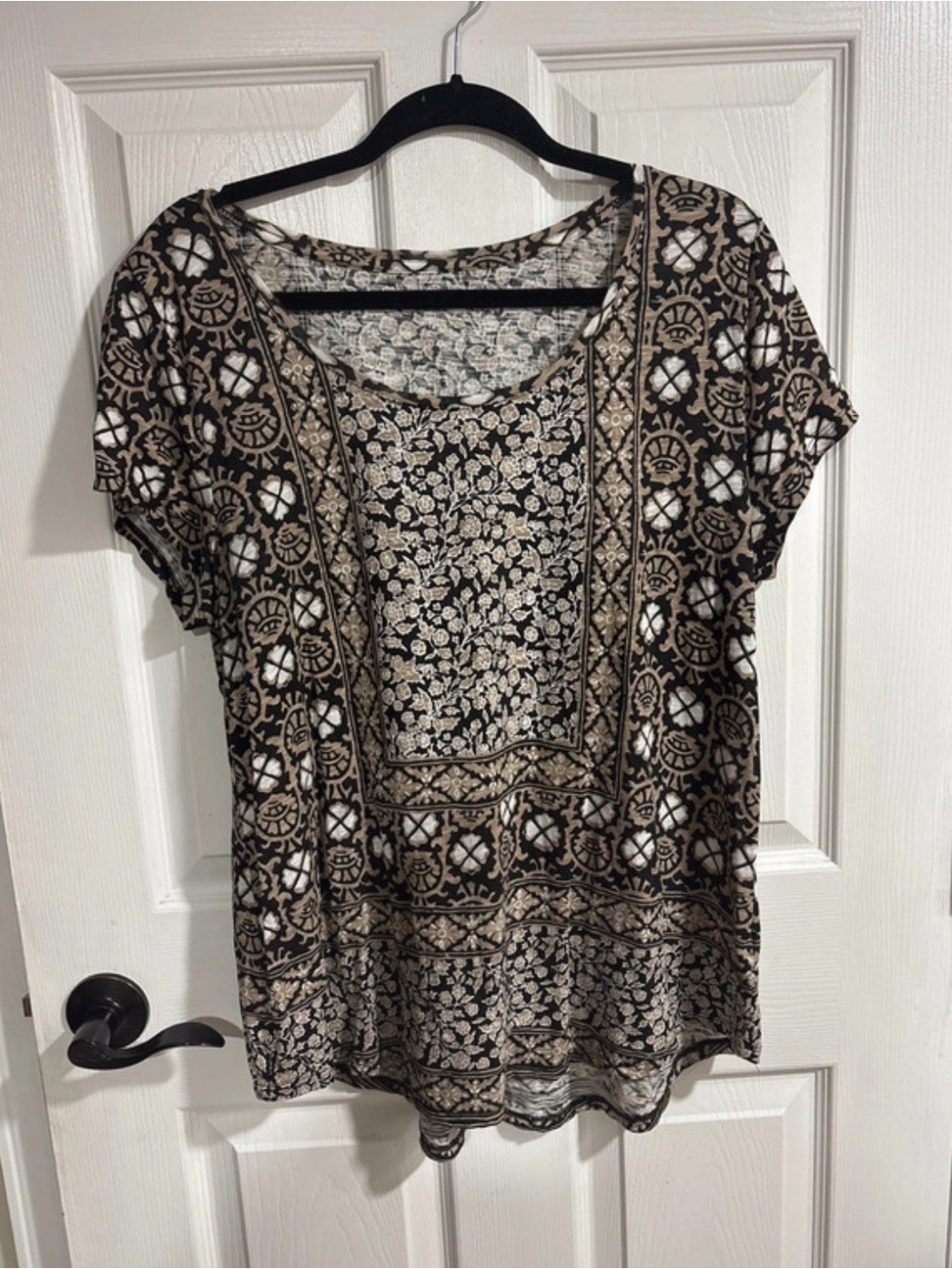 Lucky Brand Black & Tan Floral Panel Short Sleeve Top